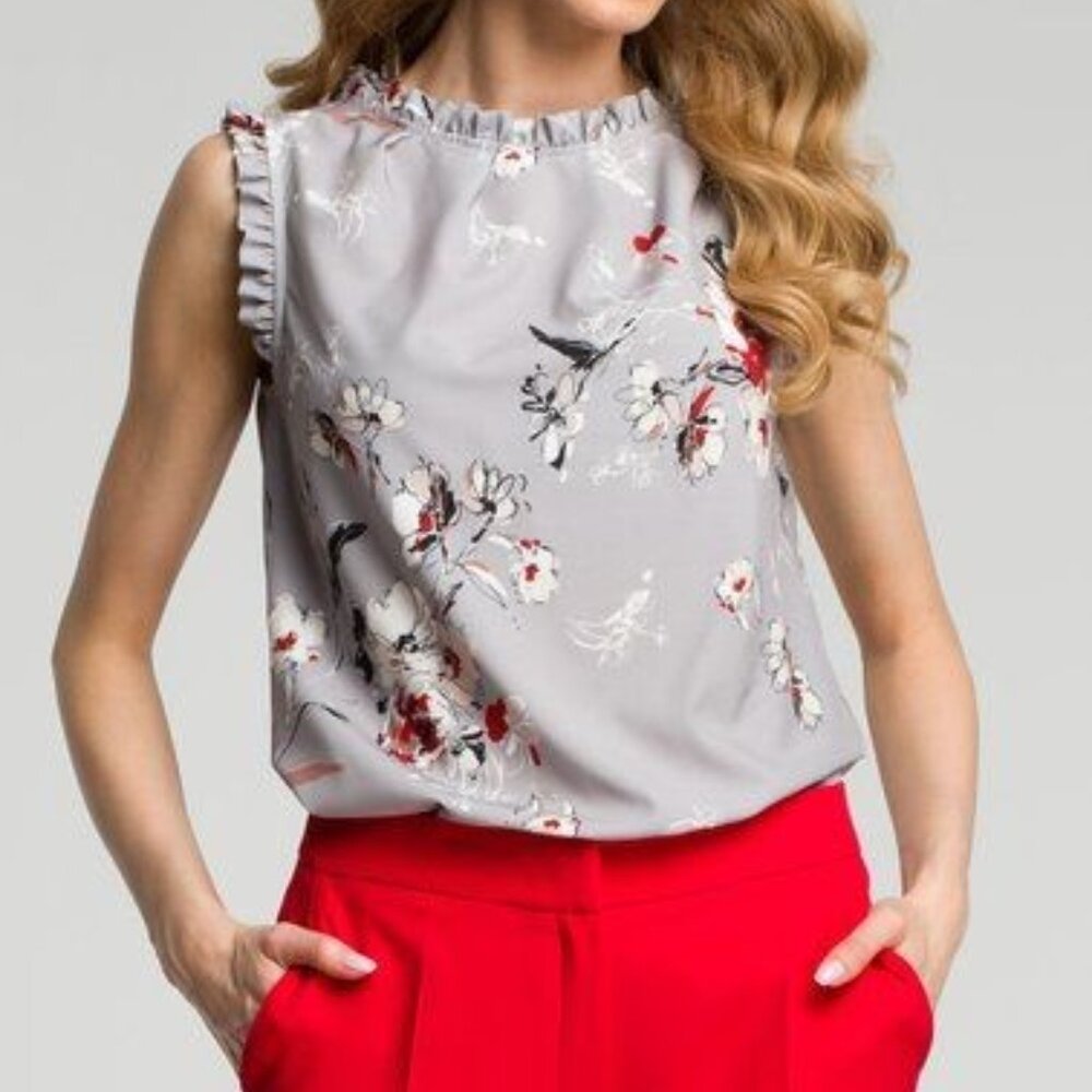 Gray Floral Ruffle Crewneck Sleeveless Blouse - Smart Casual Attire - Small
